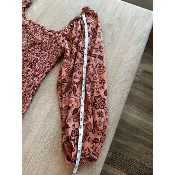 Free People Smock It To Me Mini Dress in Apricot Combo Medium Balloon Sleeve - Picture 8 of 9